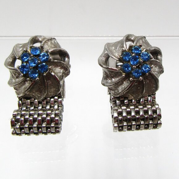 Vintage blue rhinestone silver tone ribbons unisex wrap cufflinks - Picture 2 of 7